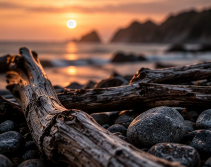 Rocks and driftwood on a beach at sunset.